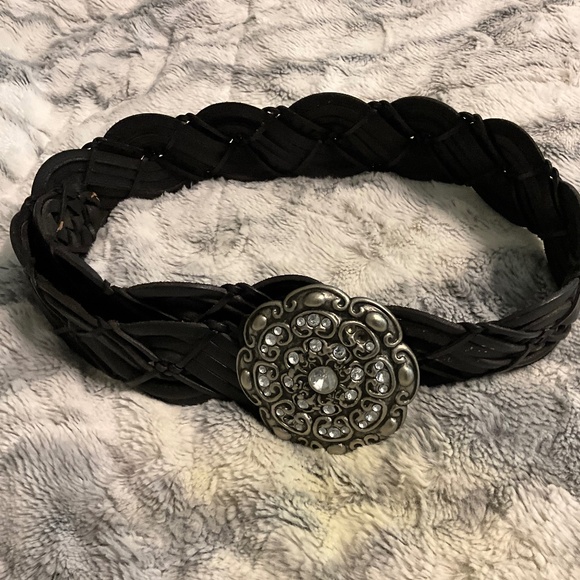 Vintage Accessories - VINTAGE LEATHER WOMENS BELT, ,With STERLING  SILVER ORNATE BUCKLE